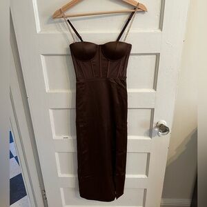 Meshki Brown Silk Corset Midi Dress